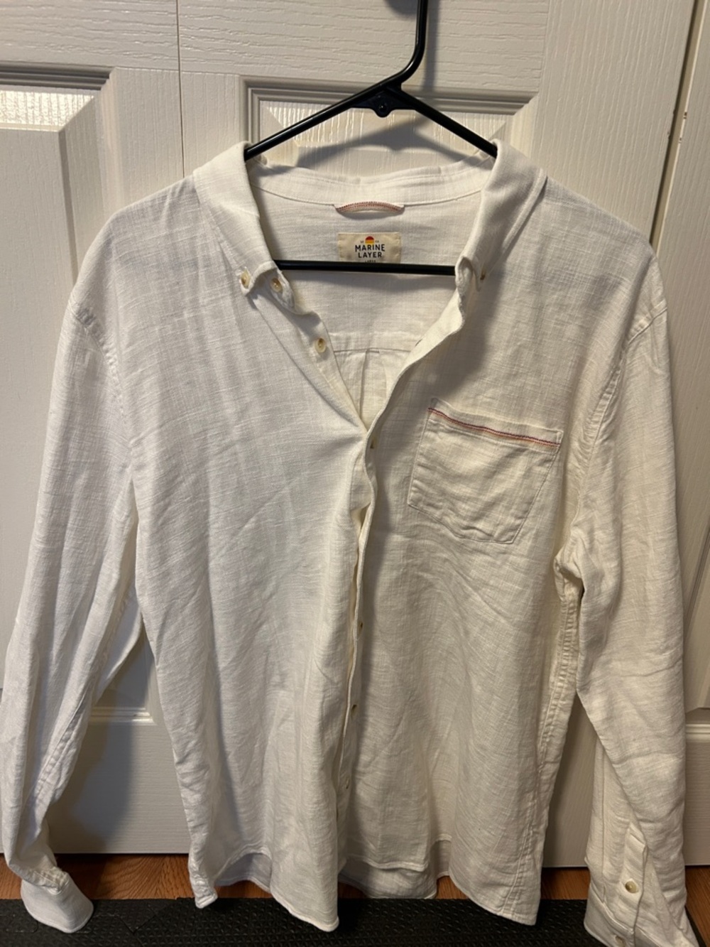 Marine Layer White Button-Down Linen-Blend Shirt with Chest Pocket